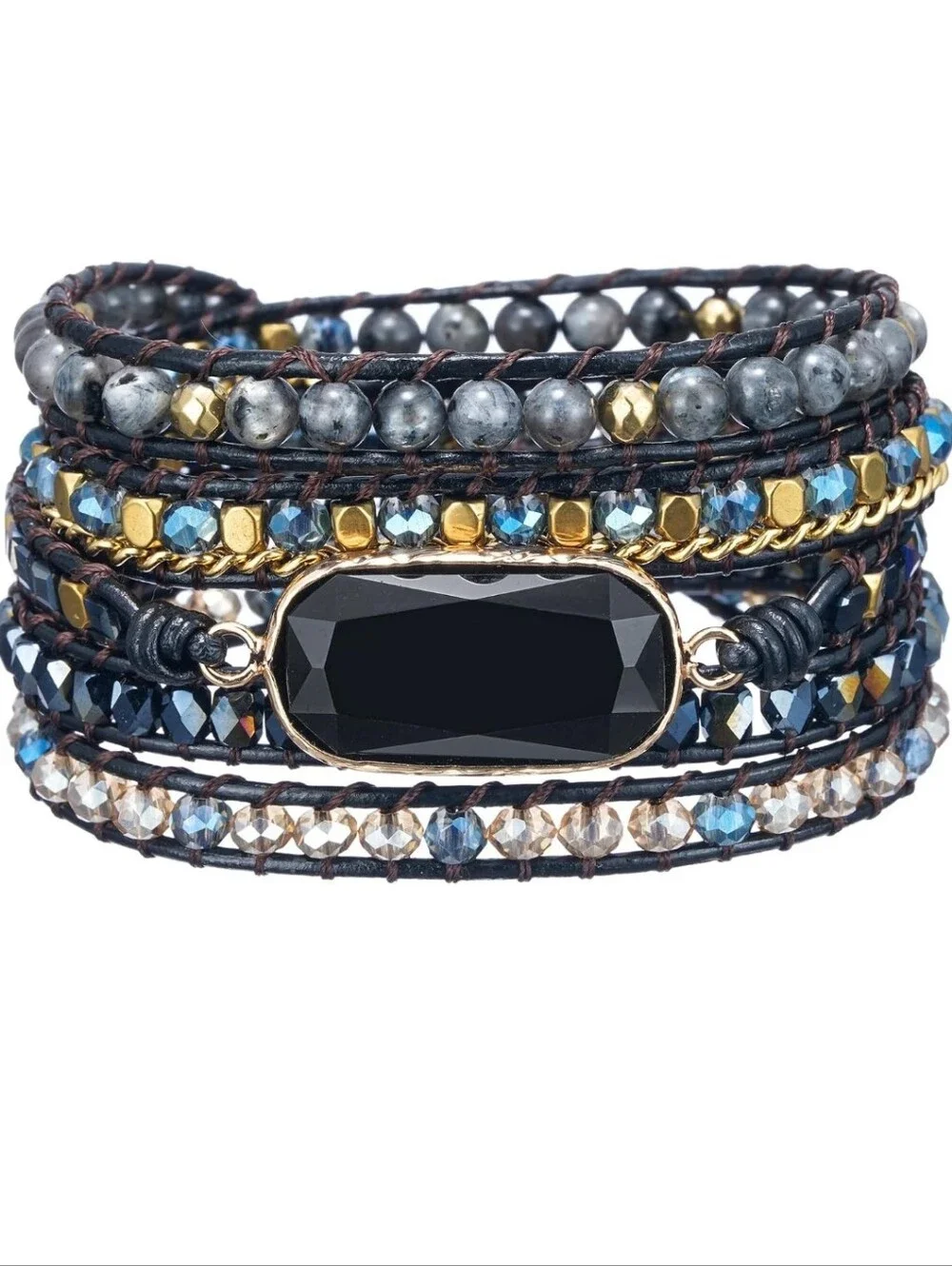 Handmade Black Stone Multi-Strand Wrap Bracelet - Women Jewelry